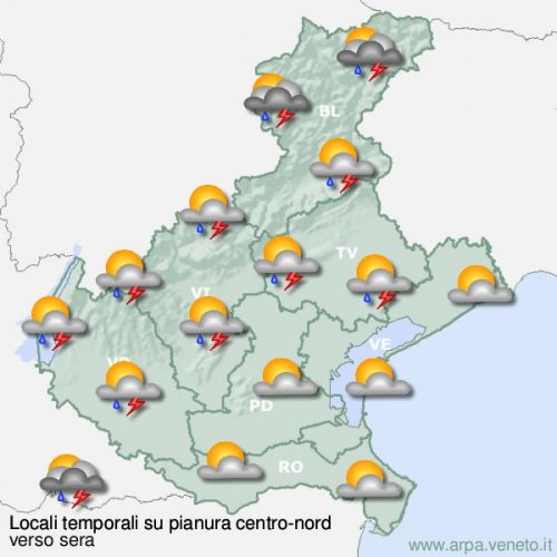 La cartina con le previsioni per le prossime ore (Arpav)